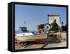 Fishing Boat Stella on Ramp Near Small Chapel at Skala Sikaminia, Lesbos (Lesvos), Greece-Nick Upton-Framed Stretched Canvas