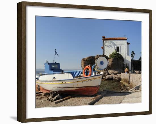 Fishing Boat Stella on Ramp Near Small Chapel at Skala Sikaminia, Lesbos (Lesvos), Greece-Nick Upton-Framed Photographic Print