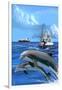 Fishing Boat with Freighter and Dolphins-Lantern Press-Framed Art Print