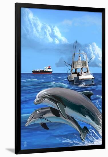 Fishing Boat with Freighter and Dolphins-Lantern Press-Framed Art Print