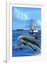 Fishing Boat with Freighter and Dolphins-Lantern Press-Framed Art Print