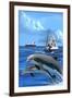 Fishing Boat with Freighter and Dolphins-Lantern Press-Framed Art Print