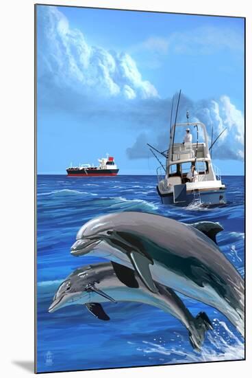 Fishing Boat with Freighter and Dolphins-Lantern Press-Mounted Art Print