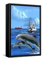 Fishing Boat with Freighter and Dolphins-Lantern Press-Framed Stretched Canvas