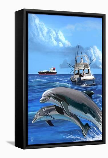 Fishing Boat with Freighter and Dolphins-Lantern Press-Framed Stretched Canvas