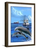 Fishing Boat with Freighter and Dolphins-Lantern Press-Framed Art Print