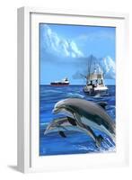 Fishing Boat with Freighter and Dolphins-Lantern Press-Framed Art Print