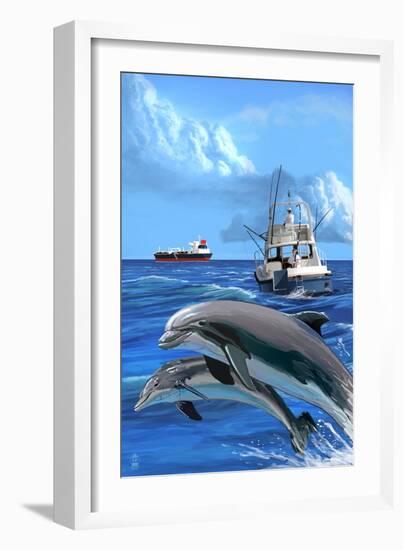 Fishing Boat with Freighter and Dolphins-Lantern Press-Framed Art Print