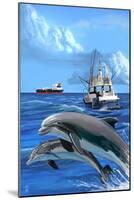 Fishing Boat with Freighter and Dolphins-Lantern Press-Mounted Art Print