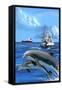 Fishing Boat with Freighter and Dolphins-Lantern Press-Framed Stretched Canvas