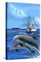 Fishing Boat with Freighter and Dolphins-Lantern Press-Stretched Canvas