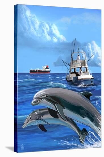 Fishing Boat with Freighter and Dolphins-Lantern Press-Stretched Canvas