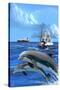 Fishing Boat with Freighter and Dolphins-Lantern Press-Stretched Canvas