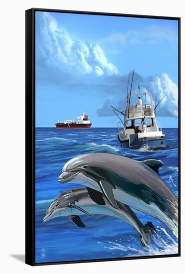 Fishing Boat with Freighter and Dolphins-Lantern Press-Framed Stretched Canvas