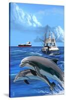 Fishing Boat with Freighter and Dolphins-Lantern Press-Stretched Canvas