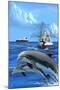 Fishing Boat with Freighter and Dolphins-Lantern Press-Mounted Art Print