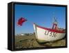 Fishing Boat with Red Flag on the Beach, Aldeburgh, Suffolk, England, UK, Europe-Lee Frost-Framed Stretched Canvas