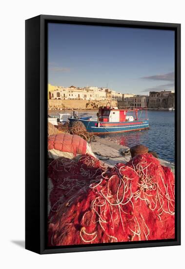 Fishing boats and fishing net at the port, old town, Gallipoli, Lecce province, Salentine Peninsula-Markus Lange-Framed Stretched Canvas