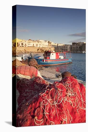 Fishing boats and fishing net at the port, old town, Gallipoli, Lecce province, Salentine Peninsula-Markus Lange-Stretched Canvas