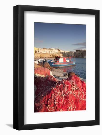 Fishing boats and fishing net at the port, old town, Gallipoli, Lecce province, Salentine Peninsula-Markus Lange-Framed Photographic Print