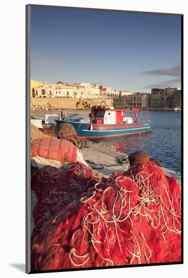 Fishing boats and fishing net at the port, old town, Gallipoli, Lecce province, Salentine Peninsula-Markus Lange-Mounted Photographic Print