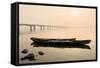 Fishing Boats and Modern Bridge in Mist at Qiantangjiang River in Hangzhou, Zhejiang, China, Asia-Andreas Brandl-Framed Stretched Canvas