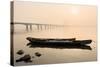 Fishing Boats and Modern Bridge in Mist at Qiantangjiang River in Hangzhou, Zhejiang, China, Asia-Andreas Brandl-Stretched Canvas