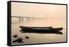 Fishing Boats and Modern Bridge in Mist at Qiantangjiang River in Hangzhou, Zhejiang, China, Asia-Andreas Brandl-Framed Stretched Canvas