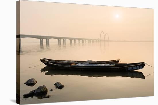 Fishing Boats and Modern Bridge in Mist at Qiantangjiang River in Hangzhou, Zhejiang, China, Asia-Andreas Brandl-Stretched Canvas