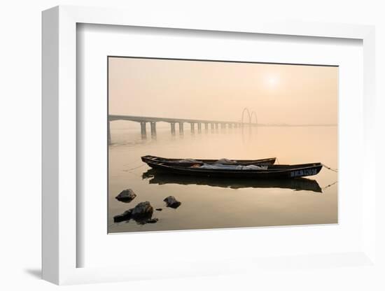 Fishing Boats and Modern Bridge in Mist at Qiantangjiang River in Hangzhou, Zhejiang, China, Asia-Andreas Brandl-Framed Photographic Print