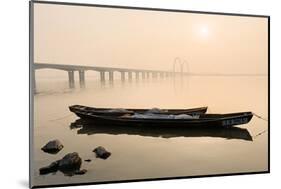 Fishing Boats and Modern Bridge in Mist at Qiantangjiang River in Hangzhou, Zhejiang, China, Asia-Andreas Brandl-Mounted Photographic Print