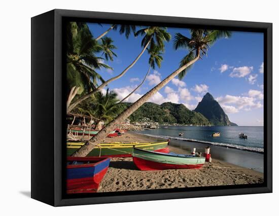 Fishing Boats at Soufriere with the Pitons in the Background, West Indies, Caribbean-Yadid Levy-Framed Stretched Canvas