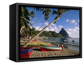 Fishing Boats at Soufriere with the Pitons in the Background, West Indies, Caribbean-Yadid Levy-Framed Stretched Canvas