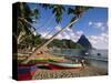 Fishing Boats at Soufriere with the Pitons in the Background, West Indies, Caribbean-Yadid Levy-Stretched Canvas