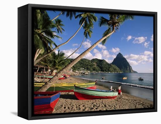 Fishing Boats at Soufriere with the Pitons in the Background, West Indies, Caribbean-Yadid Levy-Framed Stretched Canvas