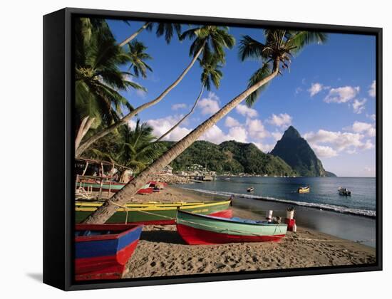 Fishing Boats at Soufriere with the Pitons in the Background, West Indies, Caribbean-Yadid Levy-Framed Stretched Canvas