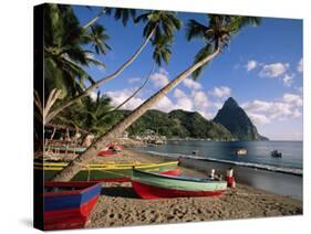 Fishing Boats at Soufriere with the Pitons in the Background, West Indies, Caribbean-Yadid Levy-Stretched Canvas