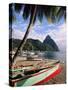 Fishing Boats at Soufriere with the Pitons in the Background, West Indies, Caribbean-Yadid Levy-Stretched Canvas