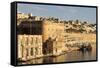 Fishing Boats at the Barriera Wharf and Grand Harbour Fortifications in the Golden Early Morning-Eleanor Scriven-Framed Stretched Canvas