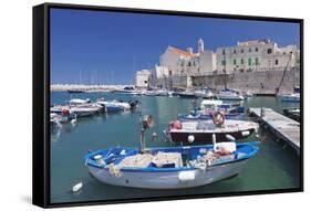 Fishing Boats at the Harbour, Old Town with Cathedral, Giovinazzo, Bari District, Puglia-Markus Lange-Framed Stretched Canvas