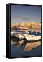 Fishing Boats at the Port, Old Town at Sunrise, Gallipoli, Lecce Province, Salentine Peninsula-Markus Lange-Framed Stretched Canvas