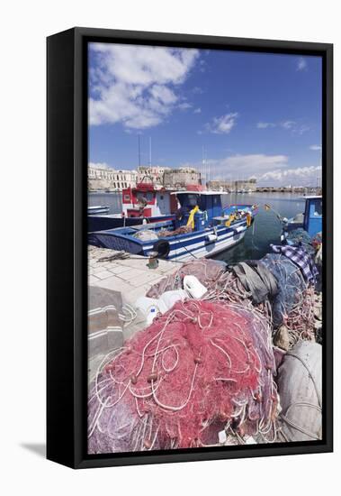 Fishing Boats at the Port, Old Town with Castle, Gallipoli, Lecce Province, Salentine Peninsula-Markus Lange-Framed Stretched Canvas