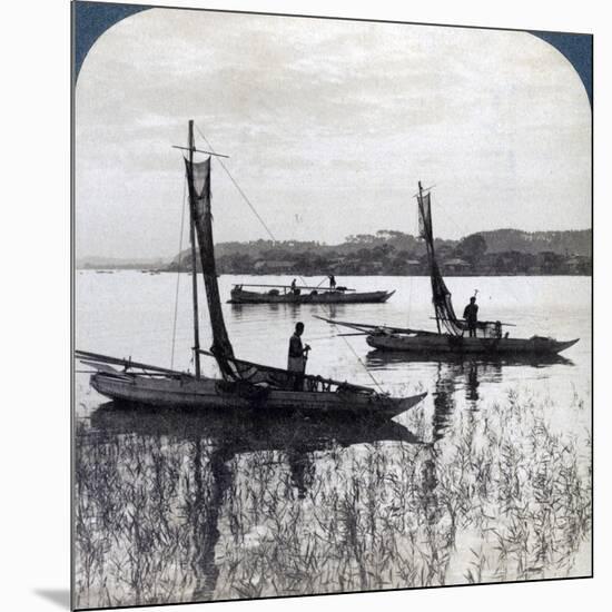 Fishing Boats Coming Home at Sunset, Near Yokohama, Japan, 1904-Underwood & Underwood-Mounted Photographic Print