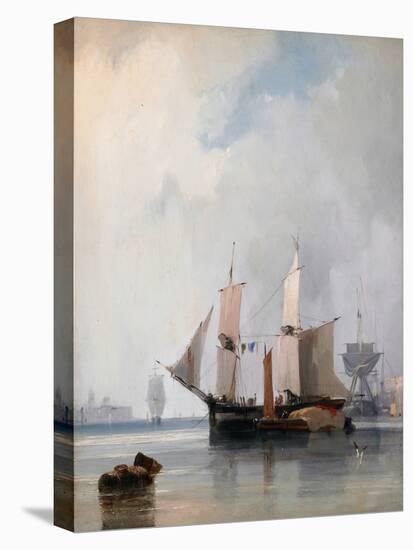 Fishing Boats in a Calm, Ships at Anchor, 1825 (Oil on Board & Canvas)-Richard Parkes Bonington-Stretched Canvas