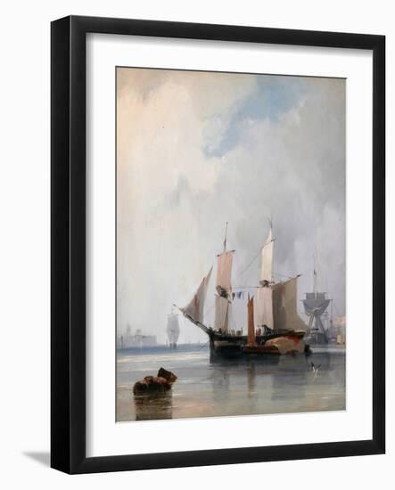 Fishing Boats in a Calm, Ships at Anchor, 1825 (Oil on Board & Canvas)-Richard Parkes Bonington-Framed Giclee Print