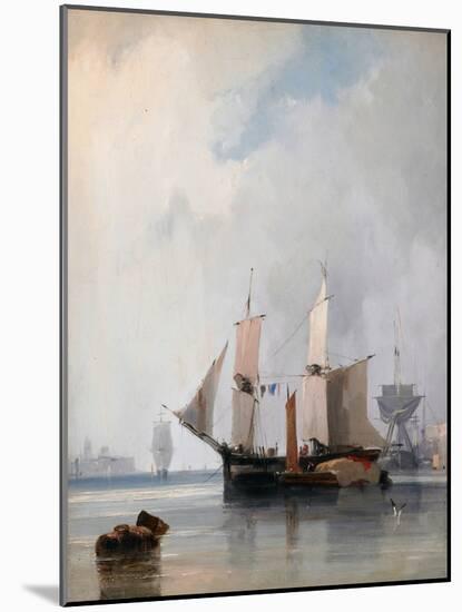 Fishing Boats in a Calm, Ships at Anchor, 1825 (Oil on Board & Canvas)-Richard Parkes Bonington-Mounted Giclee Print
