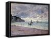 Fishing Boats in front of the Beach and Cliffs of Pourville-Claude Monet-Framed Stretched Canvas