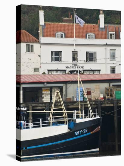 Fishing Boats in Whitby Harbour with Famous Magpie Cafe in Background, Yorkshire, England-John Woodworth-Stretched Canvas