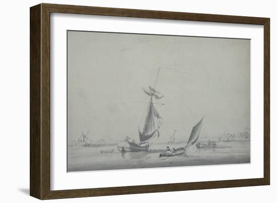 Fishing Boats: Low-Lying Shore, with a Windmill to the Left-William Anderson-Framed Giclee Print