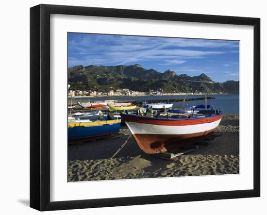 Fishing Boats on Beach, Giardini Naxos, Sicily, Italy, Mediterranean, Europe-Stuart Black-Framed Photographic Print